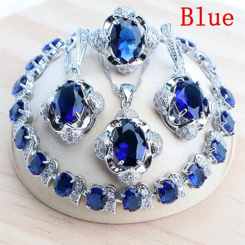 925 Silver Blue/Green/Purple/Rainbow Zirconia Bridal Jewelry Set For Women Bracelet Earrings Pendant Necklace Rings