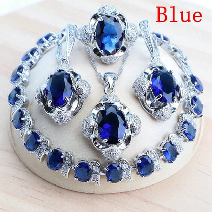 925 Silver Blue/Green/Purple/Rainbow Zirconia Bridal Jewelry Set For Women Bracelet Earrings Pendant Necklace Rings