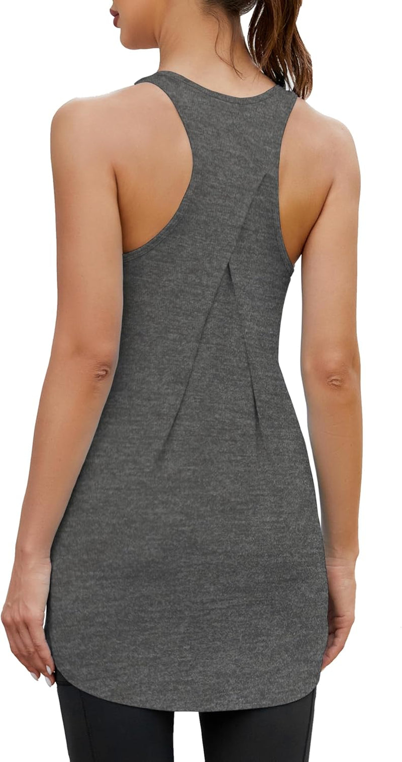 Women Workout Athletic Yoga Shirts Loose Fit Racerback Long Tank Tops - WORLD TIME VISITS