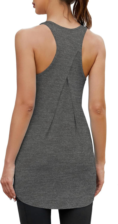 Women Workout Athletic Yoga Shirts Loose Fit Racerback Long Tank Tops - WORLD TIME VISITS