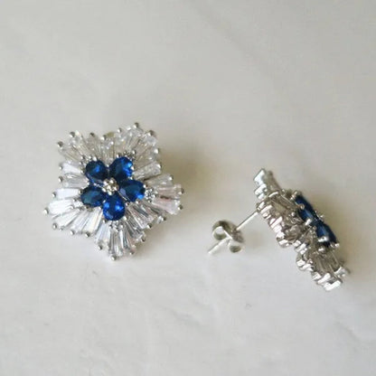 Charming Blue Sapphire Diamond Flower Stud Earrings for Women Enengagement Party Romantic Jewelry Lover Gifts