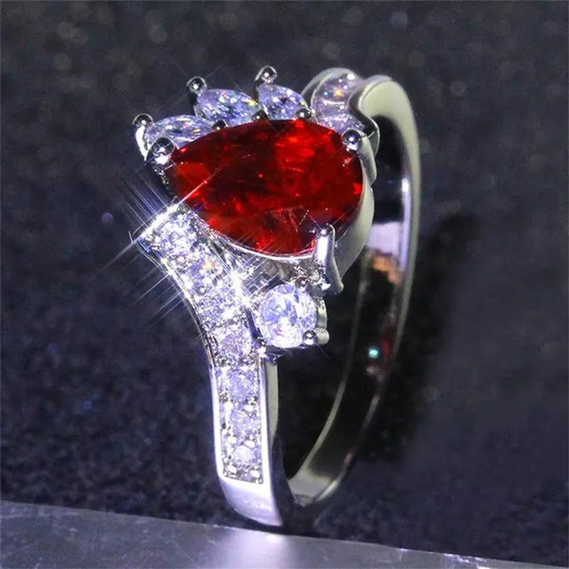 New silver-plated Fashion Natural Ruby Angel Teardrop Diamond Ring Engagement Wedding Ring Anniversary Christmas Gift Jewelry Accessories Size 5-11
