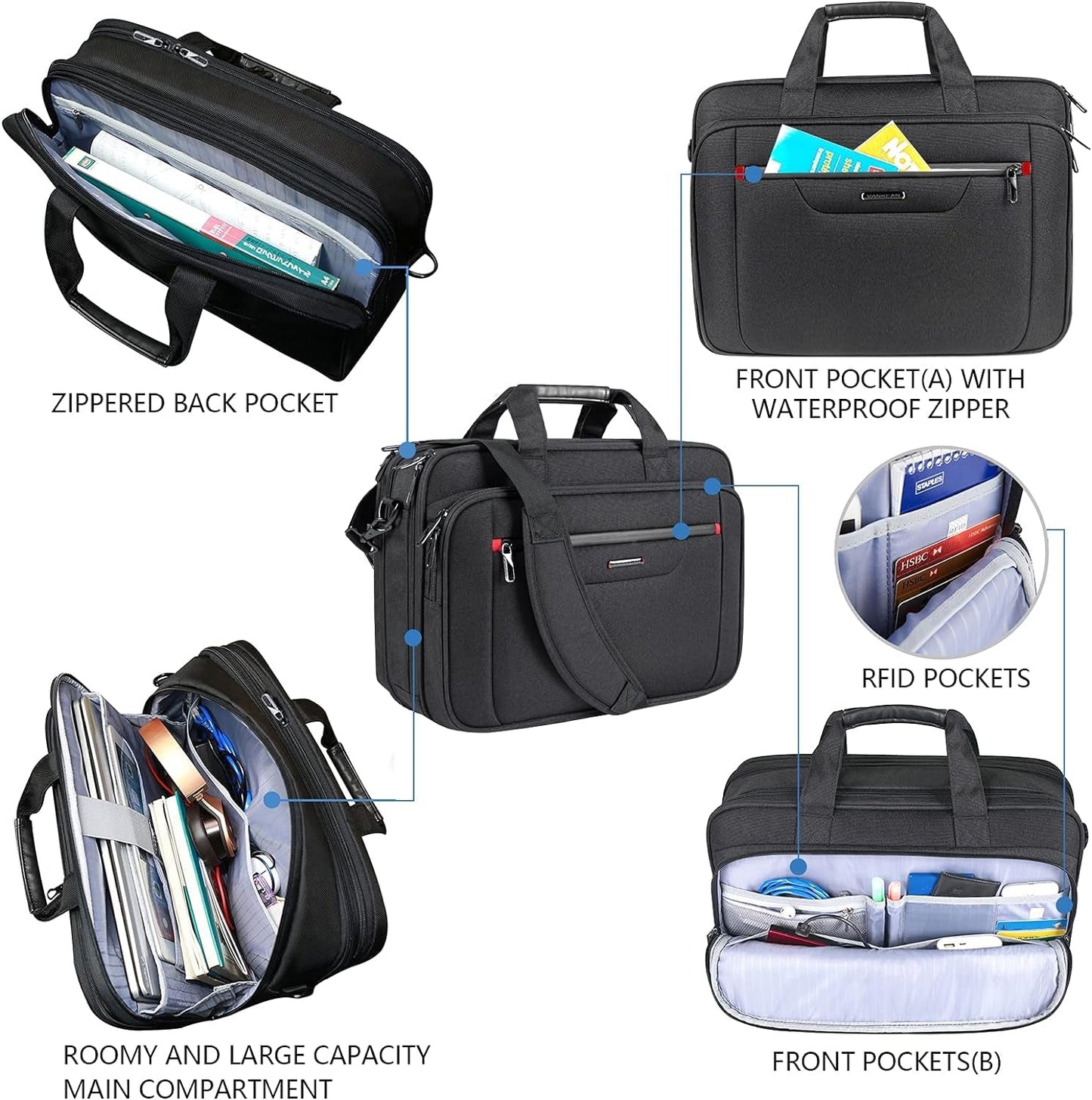 Laptop Briefcase Premium Laptop Case Fits up to 17.3 Inch Business Shoulder Bag Laptop Expandable Water-Repellent Messenger Bag for Men/Women Computer Bag for Travel/Business/Black
