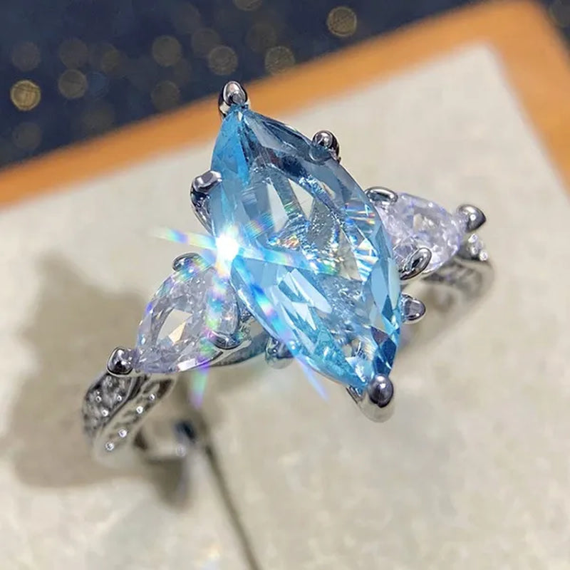 Exquisite Marquise Cut Sea Blue Sapphire 925 Sterling Silver Aquamarine Gemstone Rings for Women Bridal Wedding Ring Jewelry