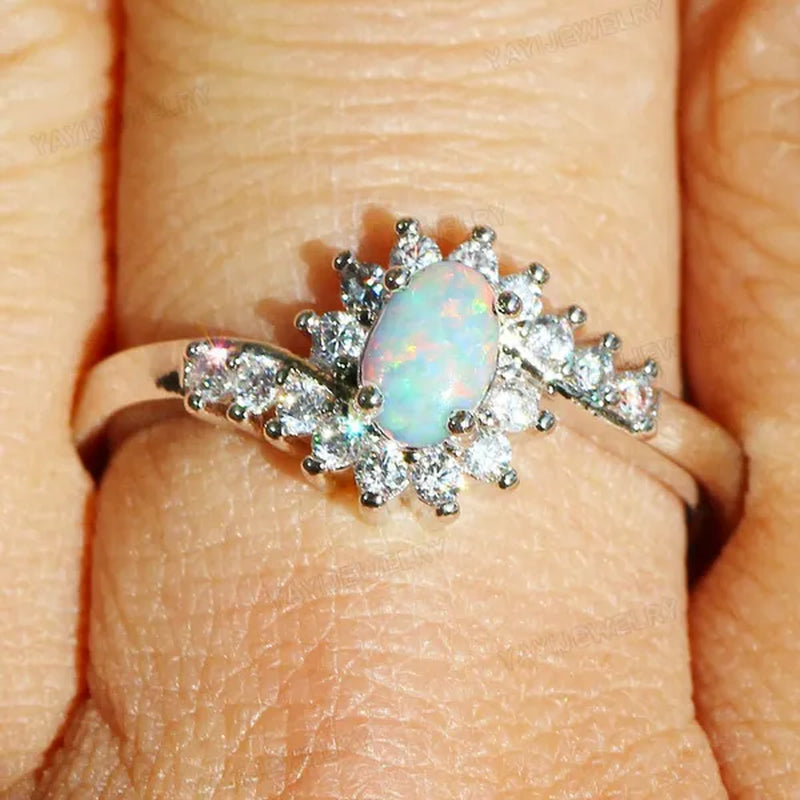 Exquisite Women'S Silver Ring Oval Cut Fire Opal Diamond Jewelry Birthday Proposal Gift Bridal Engagement Party Band Rings Size 5-12