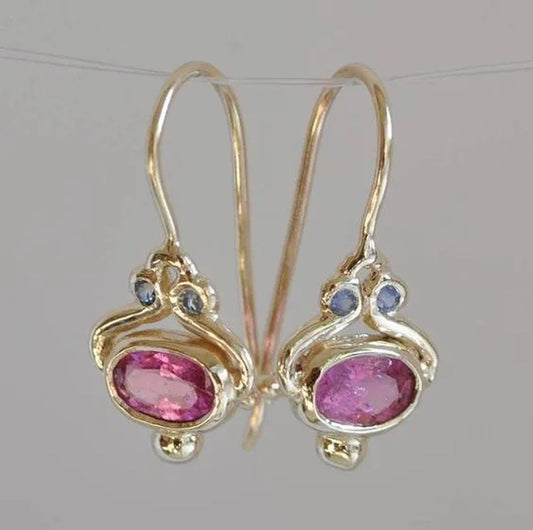 Glittering Women Waterdrop Cut Red Ruby Floral Dangle Earrings 18 K Yellow Gold Filled Antique Wedding Stud Drop Earring Wedding Jewelry - WORLD TIME VISITS