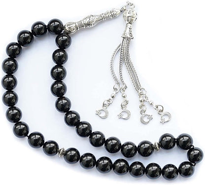 10Mm Tasbih Prayer Beads Natural Black Agate Stone Islamic Misbaha Prayer Rosary Beads Muslim Islam Misbaha Bracelet Moon Tasbeeh Sibha 33 Prayer Beads Hand Bracelets