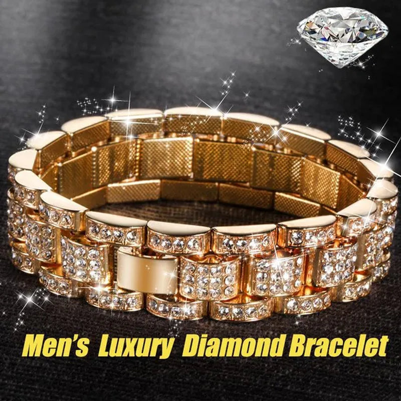 Fashion Men 24K Gold / 925 Silver Plated Solid Stainless Steel Bracelet Iced Diamond Link Chain Bracelet 8.26 Inch Gifts for Men