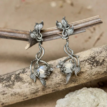 Delicate Floral Moonstone Earrings Elf Style Long Dangle Earrings Women Party Dresses Accessories Jewelry
