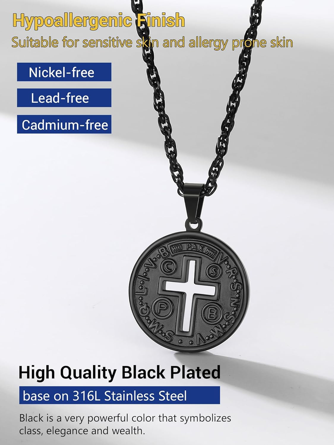 Cross of St Benedict Necklace Confirmation Cross Jesus Saint Black round Medal Medallion Pendant Catholic Christian Jewelry