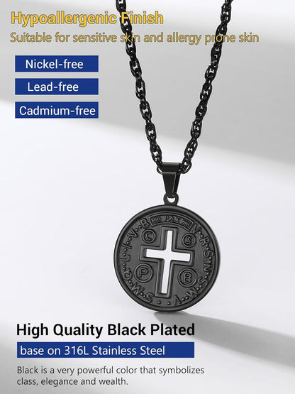 Cross of St Benedict Necklace Confirmation Cross Jesus Saint Black round Medal Medallion Pendant Catholic Christian Jewelry