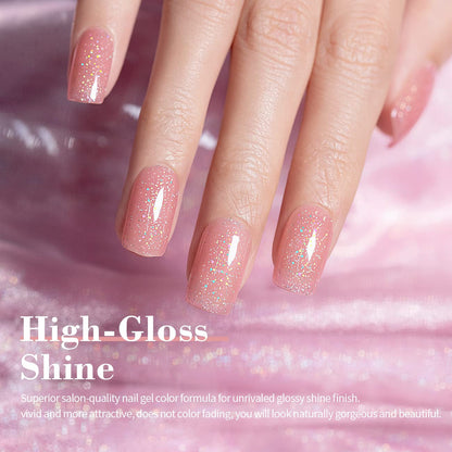 Nail Polish Nude Glitter Rose Pink Jelly Shimmery Iridescent Rainbow Pigments Sparkly Red Pink Translucent Natural Gel Polish Soak off UV LED Cured 15Ml Single Bottle