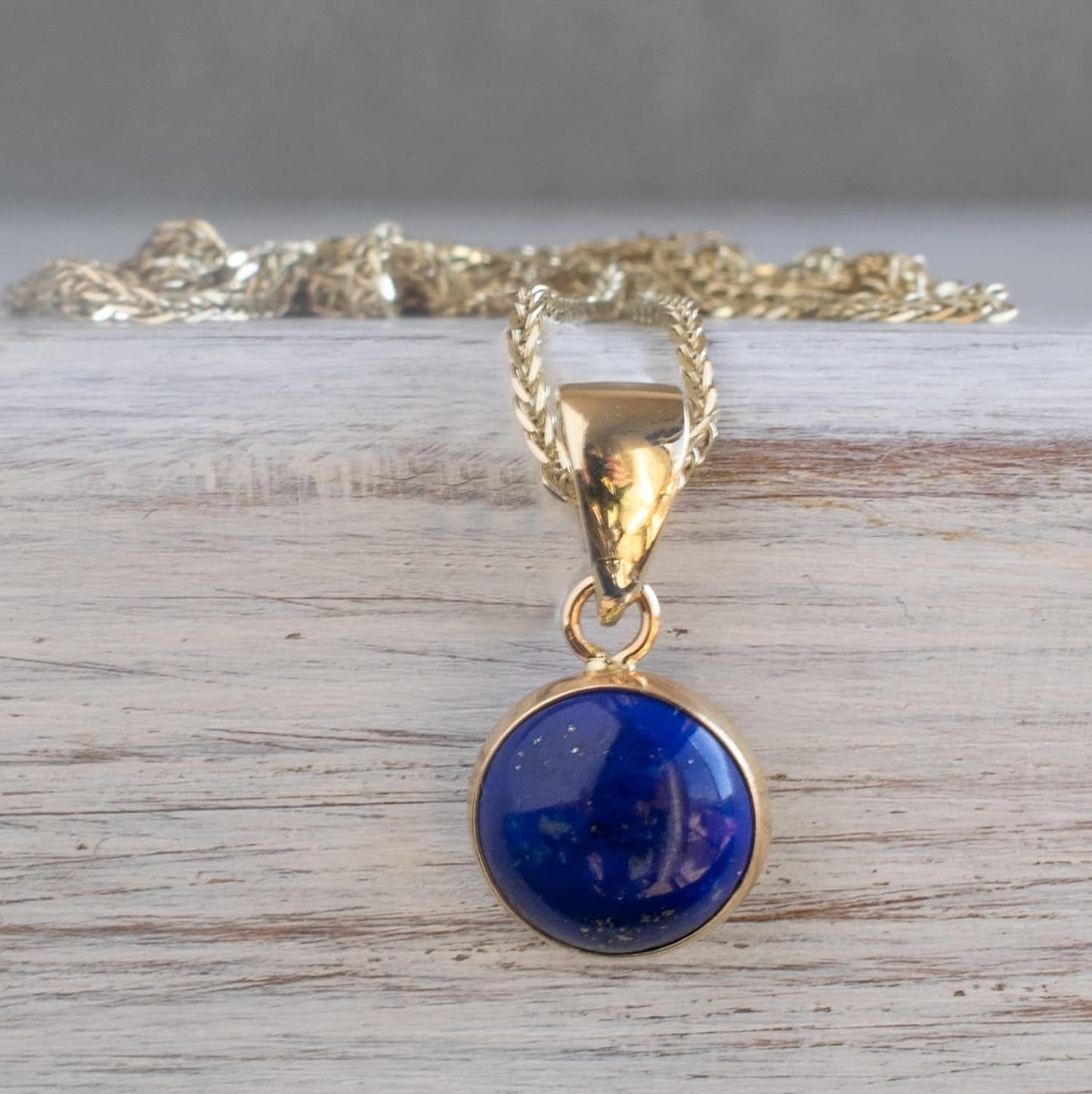 14K Gold Lapis Lazuli Pendant - Solid Yellow Gold Blue Lapis Gemstone Necklace, December Birthstone 12Mm round Stone, Handmade Classic Minimalistic Jewelry Birthday Gift for Women