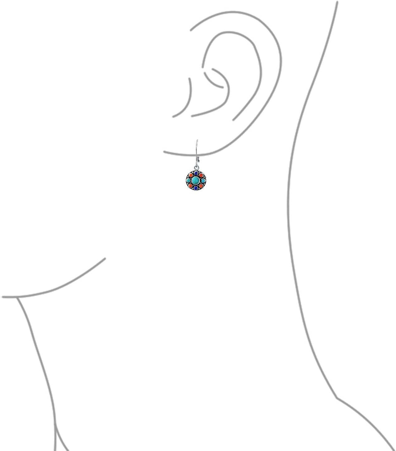 Western Jewelry Multicolor Gemstone Orange Purple Turquoise round Circle Oval Medallion Disc Dangle Earrings for Women Oxidized .925 Sterling Silver Lever Back