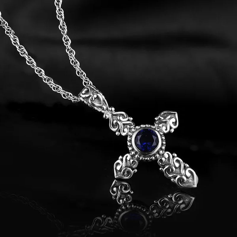 Cross Blue Sapphire Vintage Pendant for Women and Men Antique 925 Sterling Silver Dangle Pendant