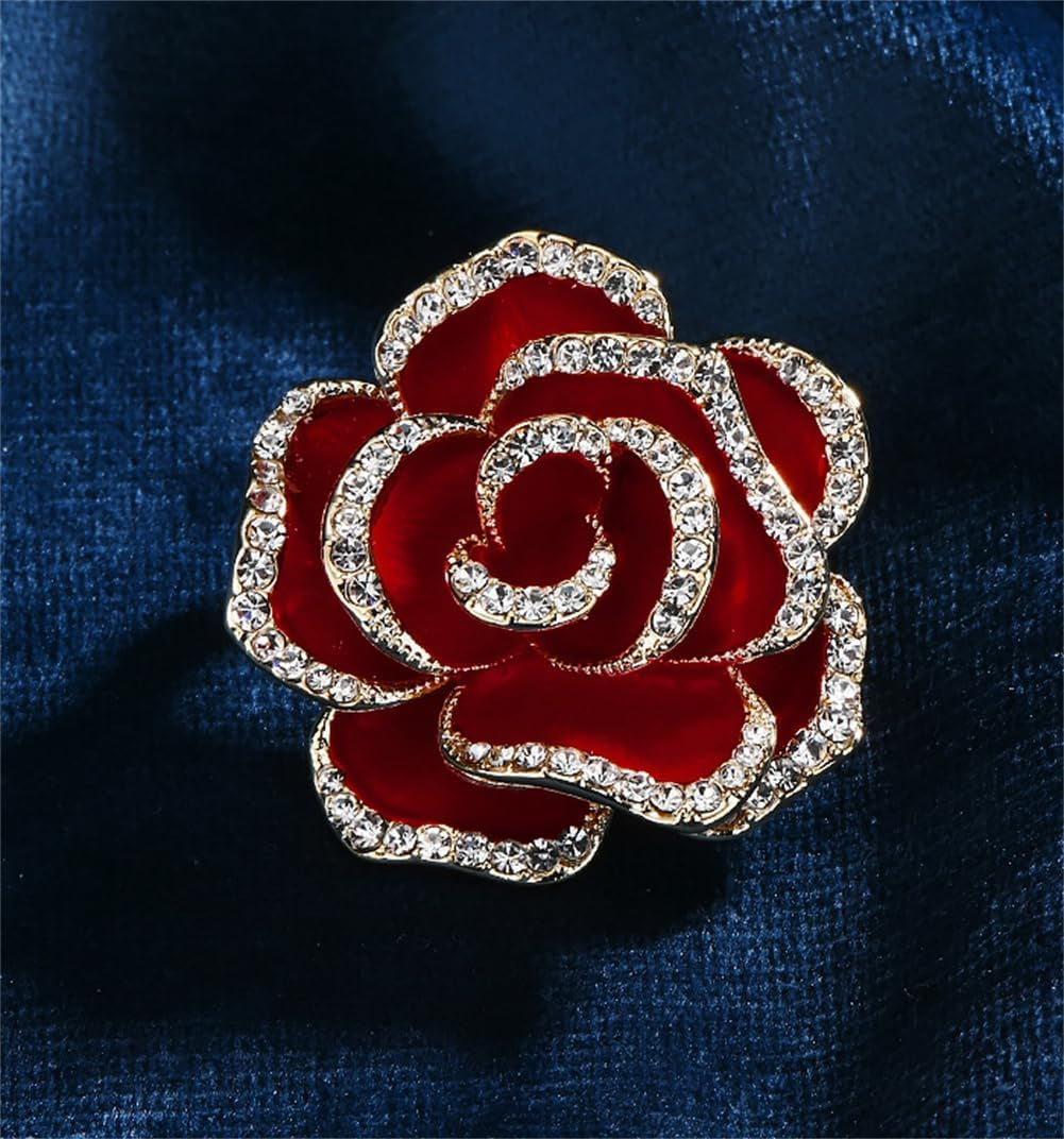Crystal Rhinestone Red Flower Brooch Women'S Camellia Pin Rhinestone Floral Brooch Ladies' Fashion Clothing Brooch Jewelry Accessory