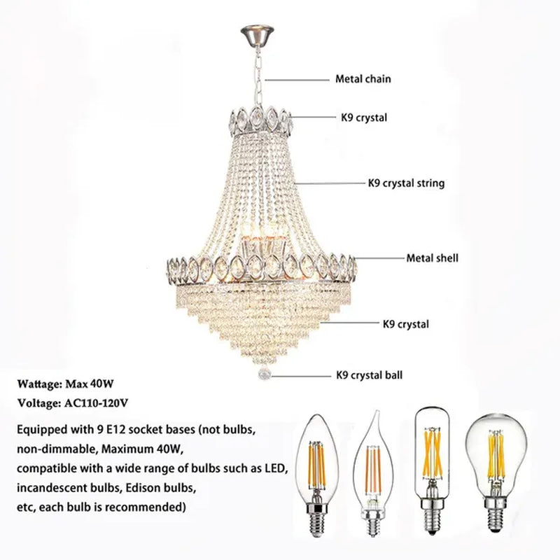 French Empire Crystal Chandelier LED Ceiling Lamp Ceiling Lighting Lamp Palace Villa