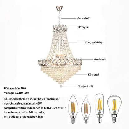 French Empire Crystal Chandelier LED Ceiling Lamp Ceiling Lighting Lamp Palace Villa