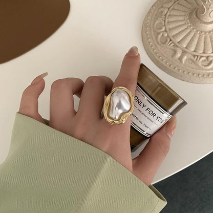 Irregular Pearl Adjustable Ring for Women, Gold Index Finger Ring Jewelry Vintage Chunky Ring