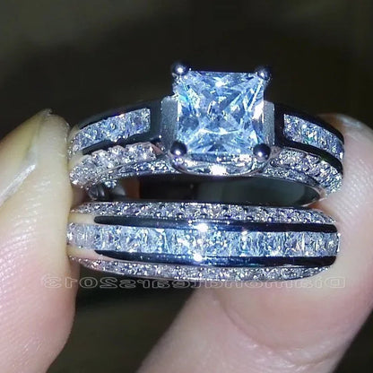 2Pcs/Set 925 Silver Plated Pink Purple White Sapphire CZ Wedding Set Rings Size 6-11  (Choice Color and Size )