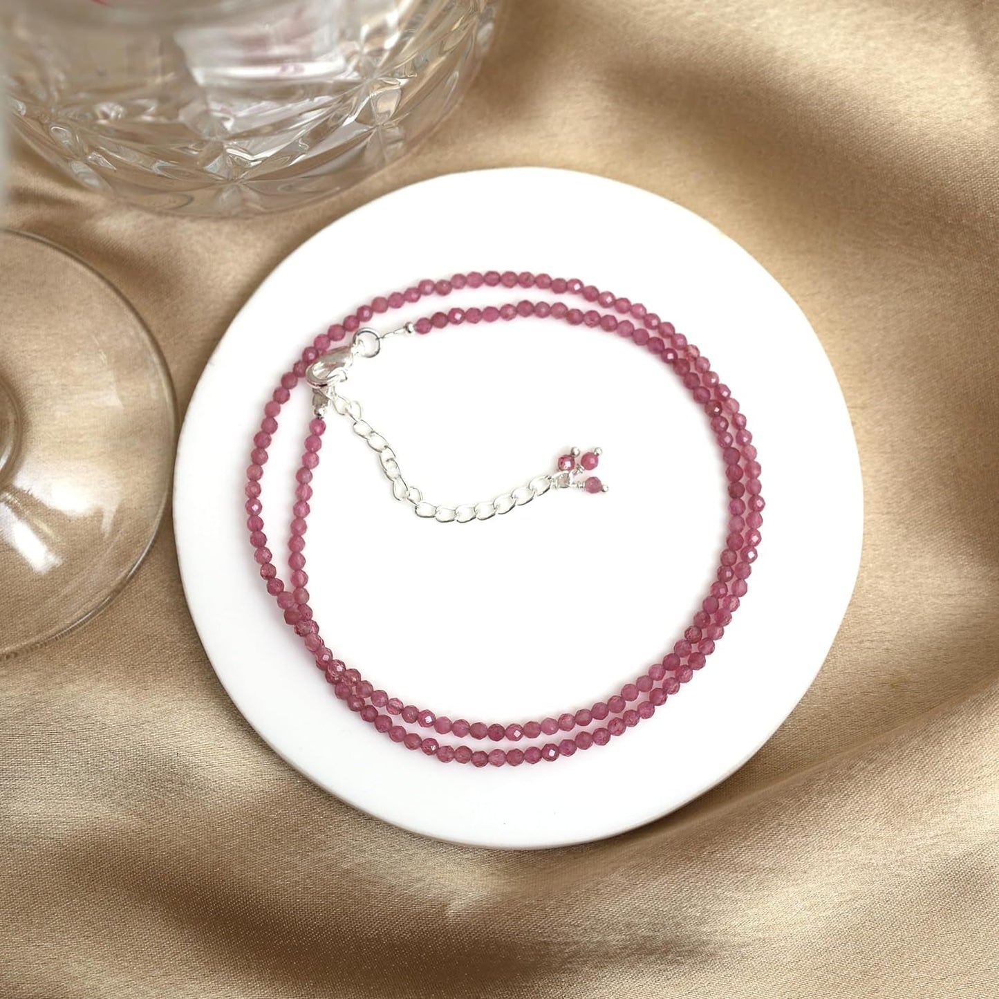 Gempires Pink Tourmaline Beaded Choker Necklace, Pink Crystal Beads Necklace, October Birthstone, 2.4-2.5 Mm Bead, Pink Fashion Jewelry, 18 Inch Silver Plated Adjustable Chain