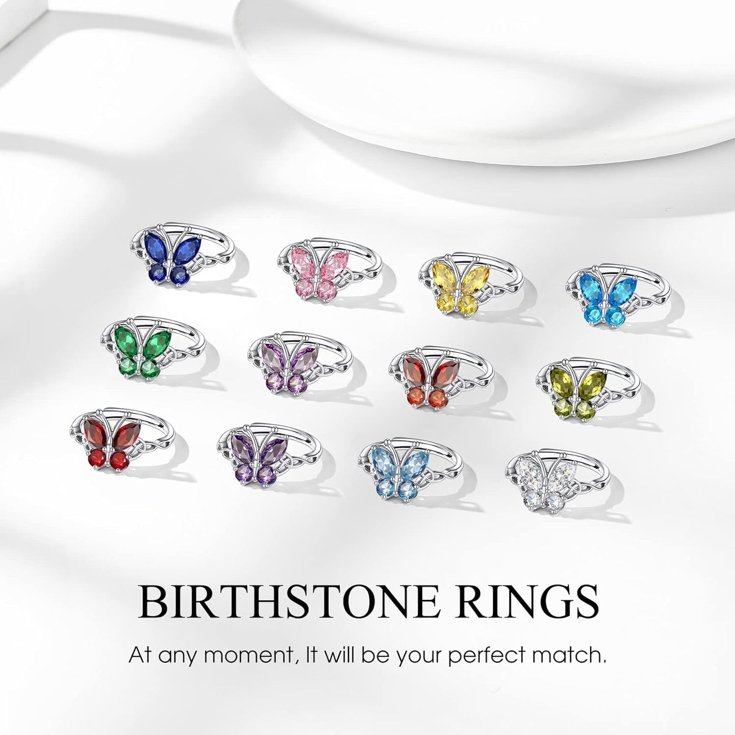 Sterling Silver Birthstone Rings for Women, Dainty Butterfly Stackable Ring Adjustable Ideal Valentine'S Gifts for Her