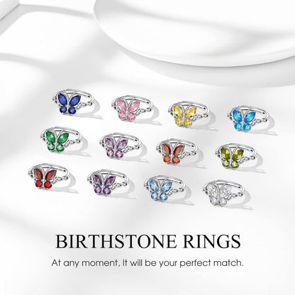 Sterling Silver Birthstone Rings for Women, Dainty Butterfly Stackable Ring Adjustable Ideal Valentine'S Gifts for Her