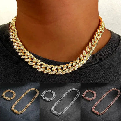 Men's Hip Hop Iced Out Paved Rhinestones 13MM Gold/Silver/Rose Gold Full Miami Curb Cuban Chain Bling Necklace Bracelet Set Jewelry Gifts