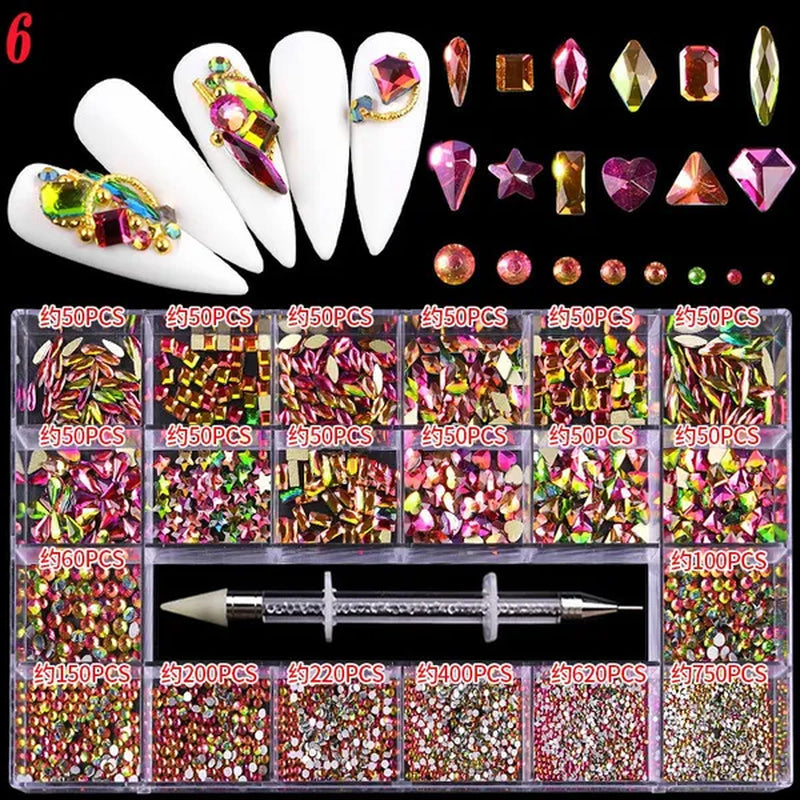 3000Pcs/Box Mixed AB Glass Crystal Diamond In Grids 21 Shape and  Flatback Nail Art Rhinestone Set with 1 Pick Up Pen