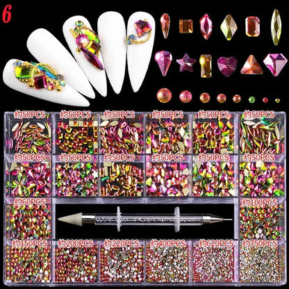 3000Pcs/Box Mixed AB Glass Crystal Diamond In Grids 21 Shape and  Flatback Nail Art Rhinestone Set with 1 Pick Up Pen