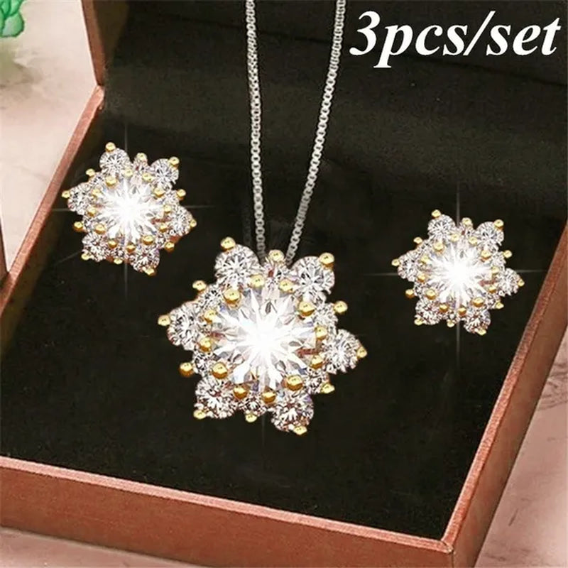 New Creative Diamond Snowflake Necklace Earring Set Pendant Necklace Female Necklace Set