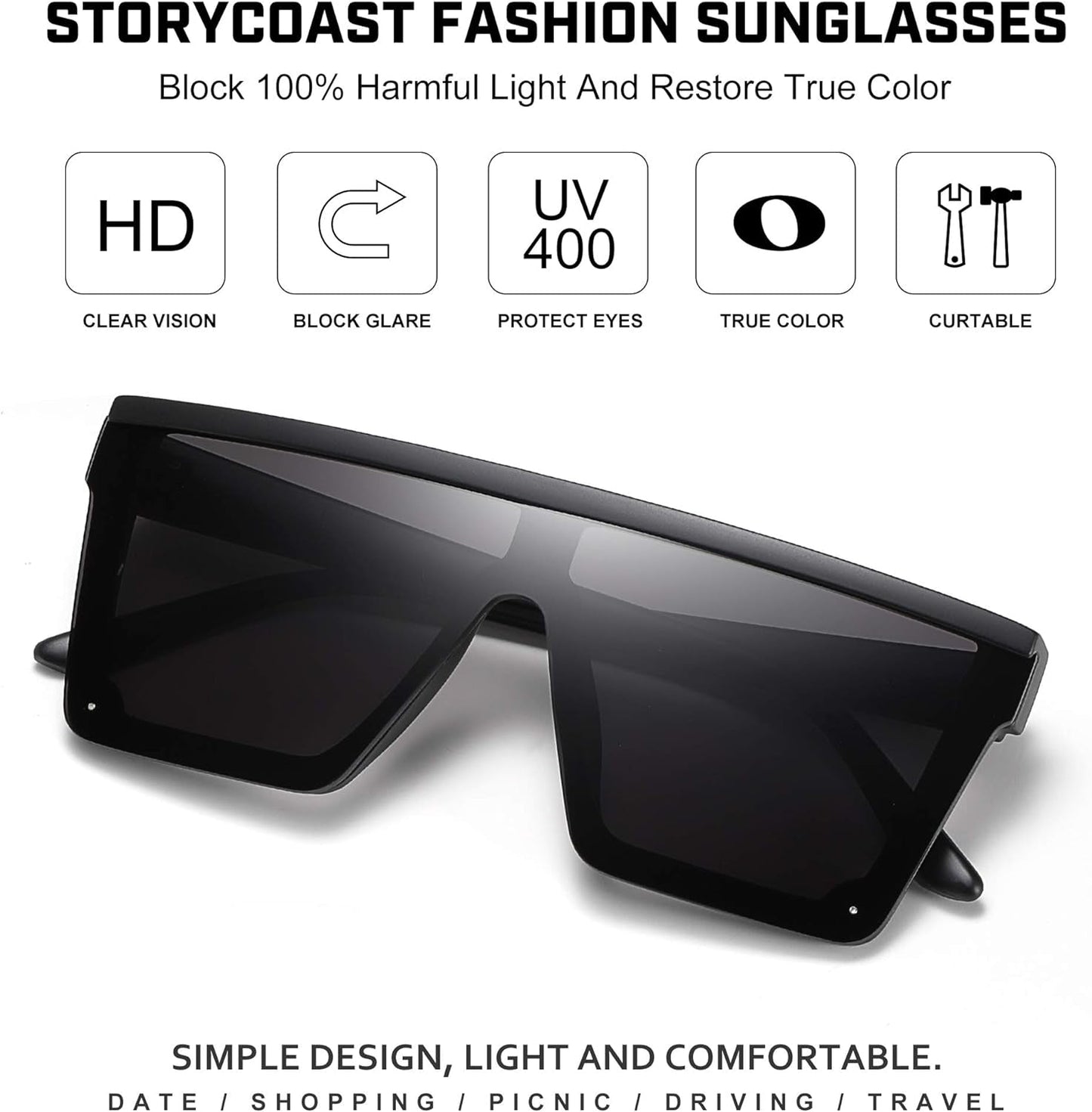 Square Sunglasses for Women Men Fashion Big Frame Flat Top Sun Glasses Mirror Lens