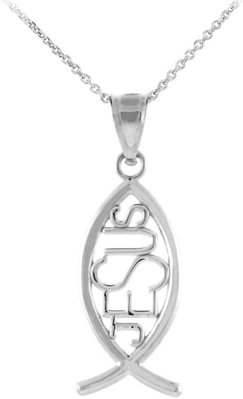 925 Sterling Silver Vertical Jesus Ichthus Charm Christian Fish Pendant Necklace - WORLD TIME VISITS