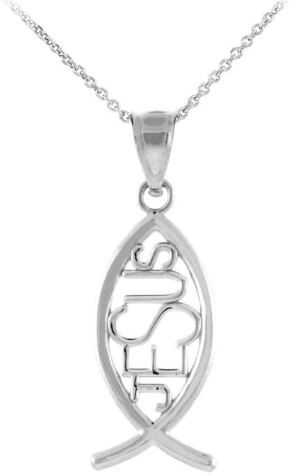 925 Sterling Silver Vertical Jesus Ichthus Charm Christian Fish Pendant Necklace - WORLD TIME VISITS