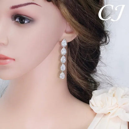 Candice High Quality Long Dangling Earrings Connect 5 Pcs Water Drop AAA CZ Zirconia White Gold Plated Luxury Wedding Ear Jewelry for Bridal Accessorise