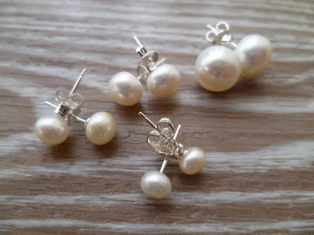 Pearl Earrings White Ivory Fresh Water Pearls 8Mm and 925 Sterling Silver