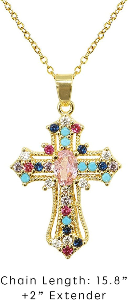 Cross Pendant Necklace for Women Girls - Gothic Catholic Christian Costume Cross Jewelry - Delicate Dainty Cubic Zirconia Rhinestone Stainless Steel Hypoallergenic Chain Christmas Gift