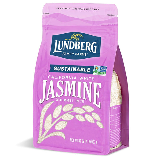Jasmine Rice, Long Grain White Rice - Non-Sticky, Fluffyaromatic Rice, Sustainably Grown in California, Pantry Staples, Chip Clip Included, 32 Oz