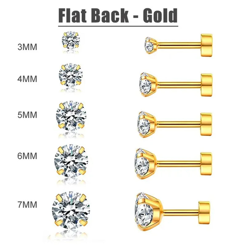 5 Pairs/Set Stainless Steel Mens Womens Stud Earrings Set round Cubic Zirconia Flat Back Earrings Piercing Ear Cartilage Hypoallergenic Men'S Earrings 3-7Mm