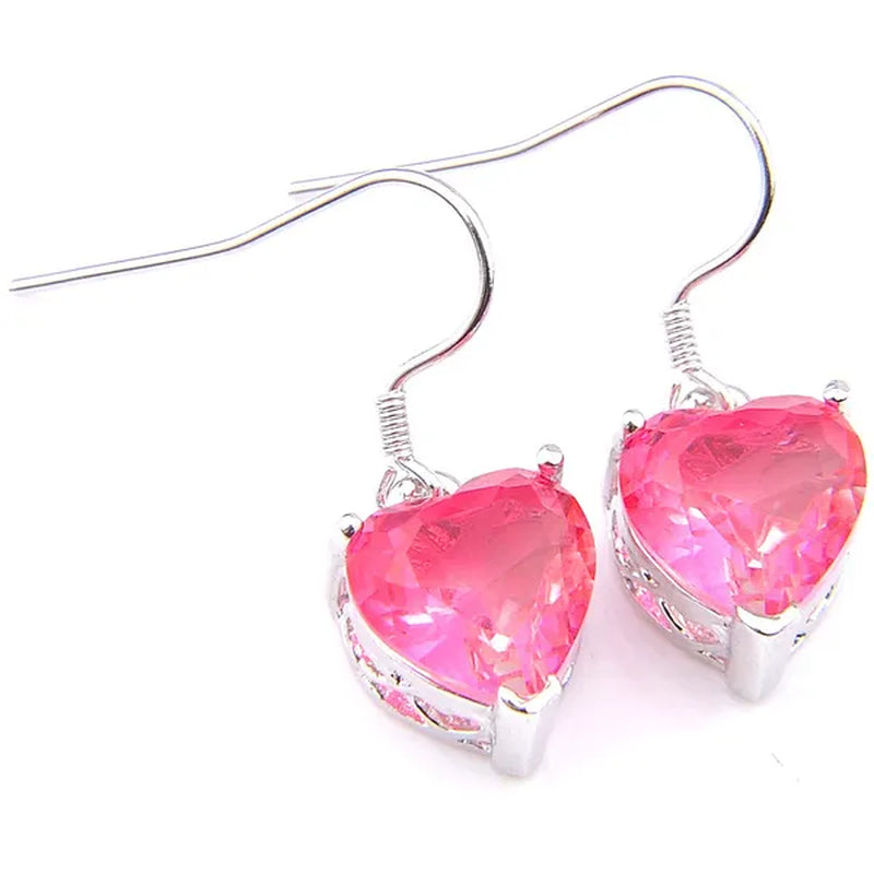 Heart Cut Shine Dazzling Pink Fire Bi-Colored Tourmaline Gemstone Silver Dangle Earrings Pendant Necklaces Jewelry Sets for Women Wedding Holiday Friends