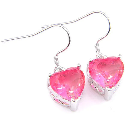Heart Cut Shine Dazzling Pink Fire Bi-Colored Tourmaline Gemstone Silver Dangle Earrings Pendant Necklaces Jewelry Sets for Women Wedding Holiday Friends