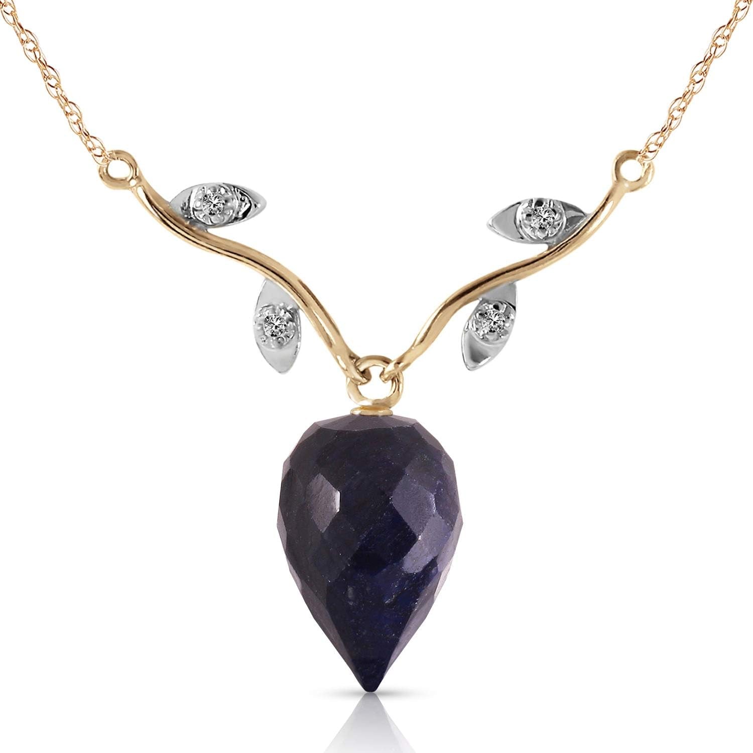 14K Solid Gold Necklace with Diamonds and Briolette Sapphire - WORLD TIME VISITS