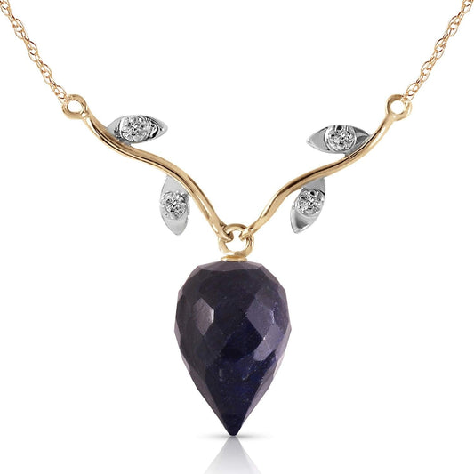 14K Solid Gold Necklace with Diamonds and Briolette Sapphire - WORLD TIME VISITS