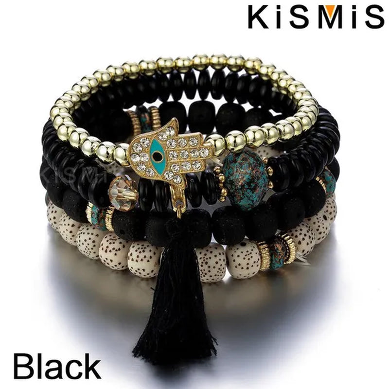 KISMIS 4Pcs/Set Bohemian Mix Bead Multi Layer Versatile Statement Bracelet Stackable Beaded Strand Stretch Bangles Sparkly Crystals Tassel Charms 1Set or 2Sets Optional