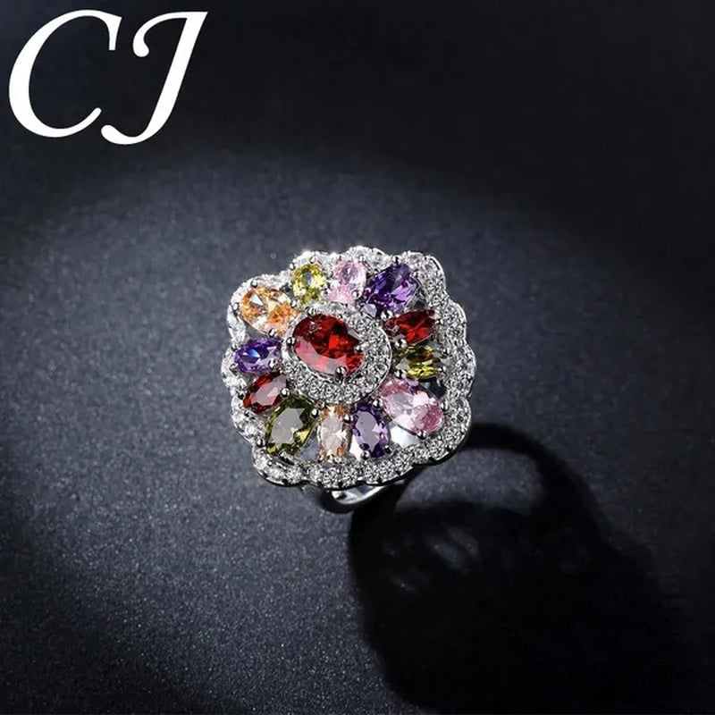 CANDICE Women Fashion Sterling Silver Plated Jewelry Summer New Design Paved Pink Purple Green Zircon Bling Lady Big Finger Rings（Us SIZE 6-9）