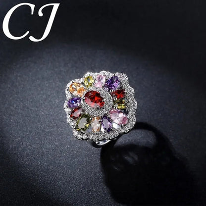 CANDICE Women Fashion Sterling Silver Plated Jewelry Summer New Design Paved Pink Purple Green Zircon Bling Lady Big Finger Rings（US SIZE 6-9）