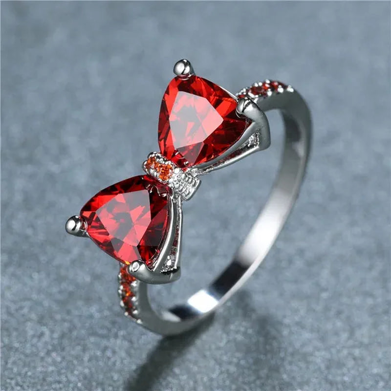 Fashion Women Girl Garnet Red Ruby Bow Ring 18K White Gold Bride Princess Wedding Engagement Jewelry Gifts