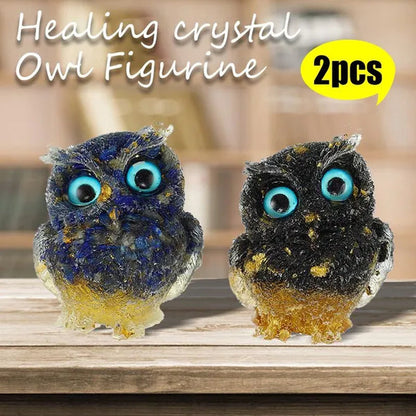 2" Owl Statue, Pack of 2, Resin Owl Shape Filled with Lapis Lazuli & Black Obsidian Crystal Gemstone Figurine, Healing Stone Home Decor, Christmas Gift