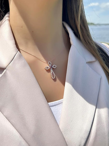 1/2 Carat Diamond and 1/4 Carat Red Ruby Cross Pendant Necklace for Women in 14K Rose Gold (G-H, VS2-SI1, Cttw) on 20 Inch Long Chain with Lobster Claw Clasp