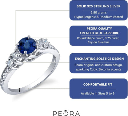 Created Blue Sapphire Women Ring 925 Sterling Silver, Enchanting Solstice Design, 0.75 Carat round 5Mm Sizes 5 to 9
